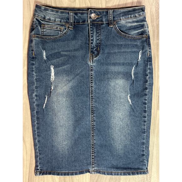 Chiqle Denim Architect Women’s Distressed Blue Denim Pencil Skirt Sz M - Picture 7 of 7